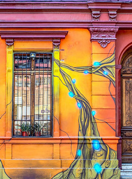 Muralismo en fachada de una de las casas de los barrios mas populares de Santiago de Chile