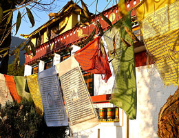 Imagen de banderas de oración tibetanas en las calles de Dharamsala.