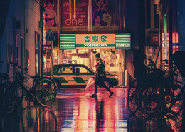 Joven caminando por las calles nocturnas de japon y corea