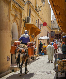 Hombre paseando por una de las calles mas populares de marruecos en caballo