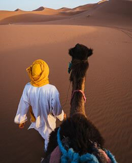 Hombre caminando con su camello por el desierto del Sahara